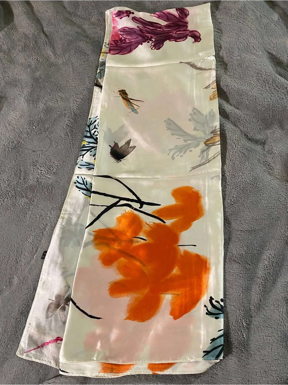 Floral Silk Scarf with Vibrant Orange Bloom size 180X90cm